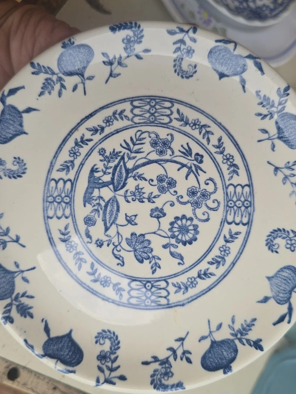 Vintage Onion Bloom Blue Transferware Creamer And Bread Plate Back Stamp Japan